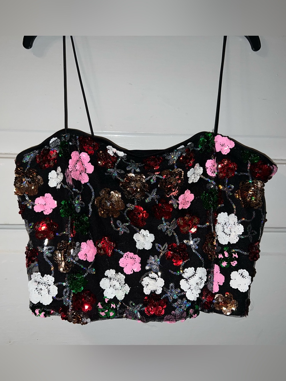 Black Sequin Floral Cropped Camisole